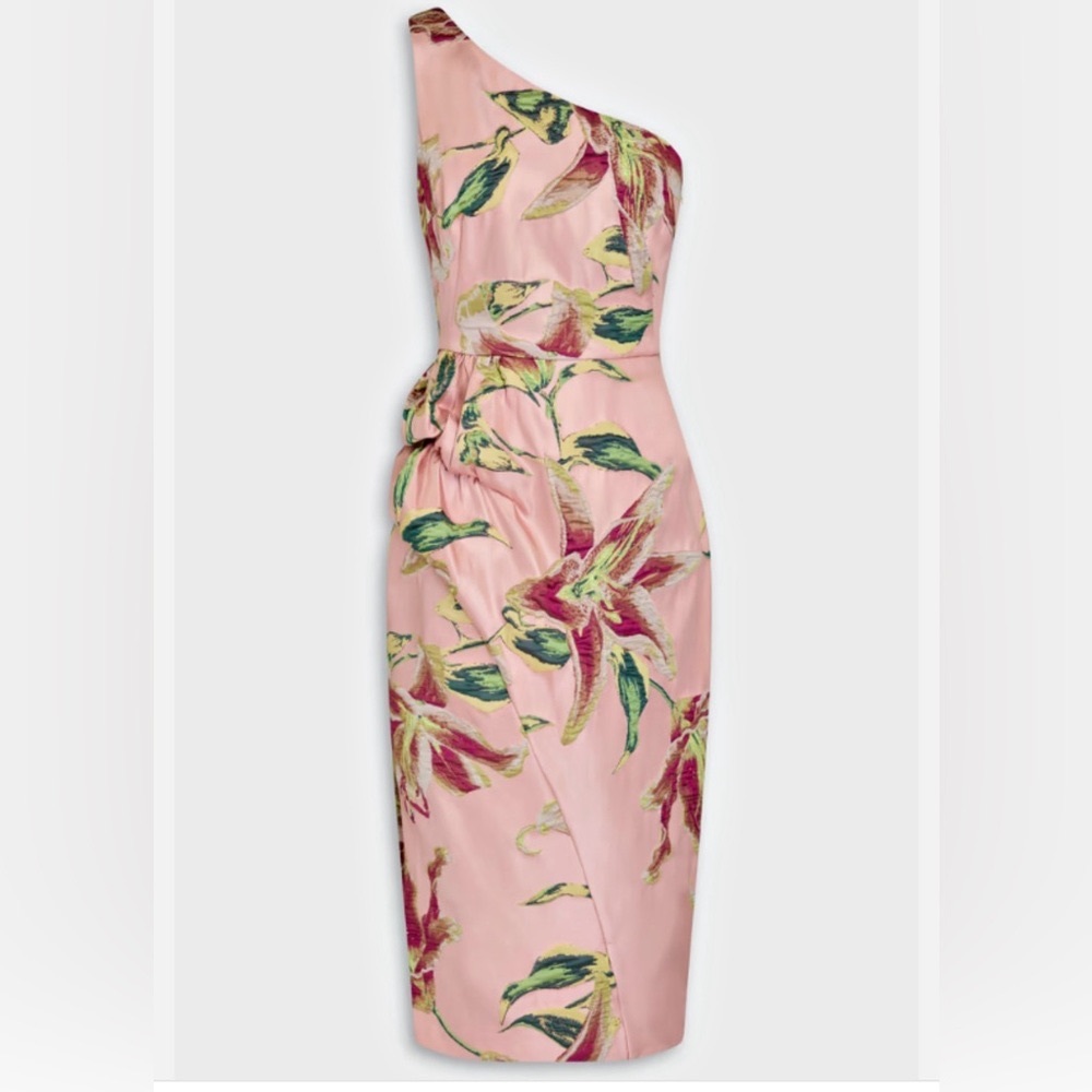 Marchesa Pink Asymmetrical Ruched One-Shoulder Dress